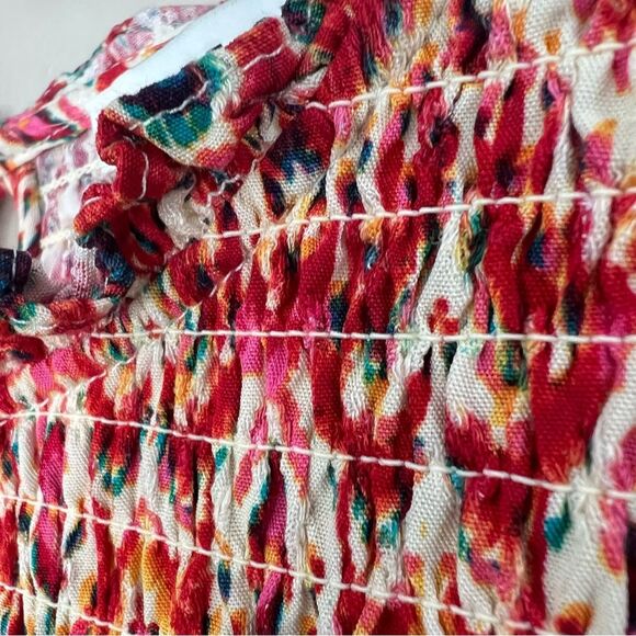 Rose & Olive Smocked Cap Sleeve Keyhole Back Western Print Boho Blouse SZ L - Picture 5 of 13